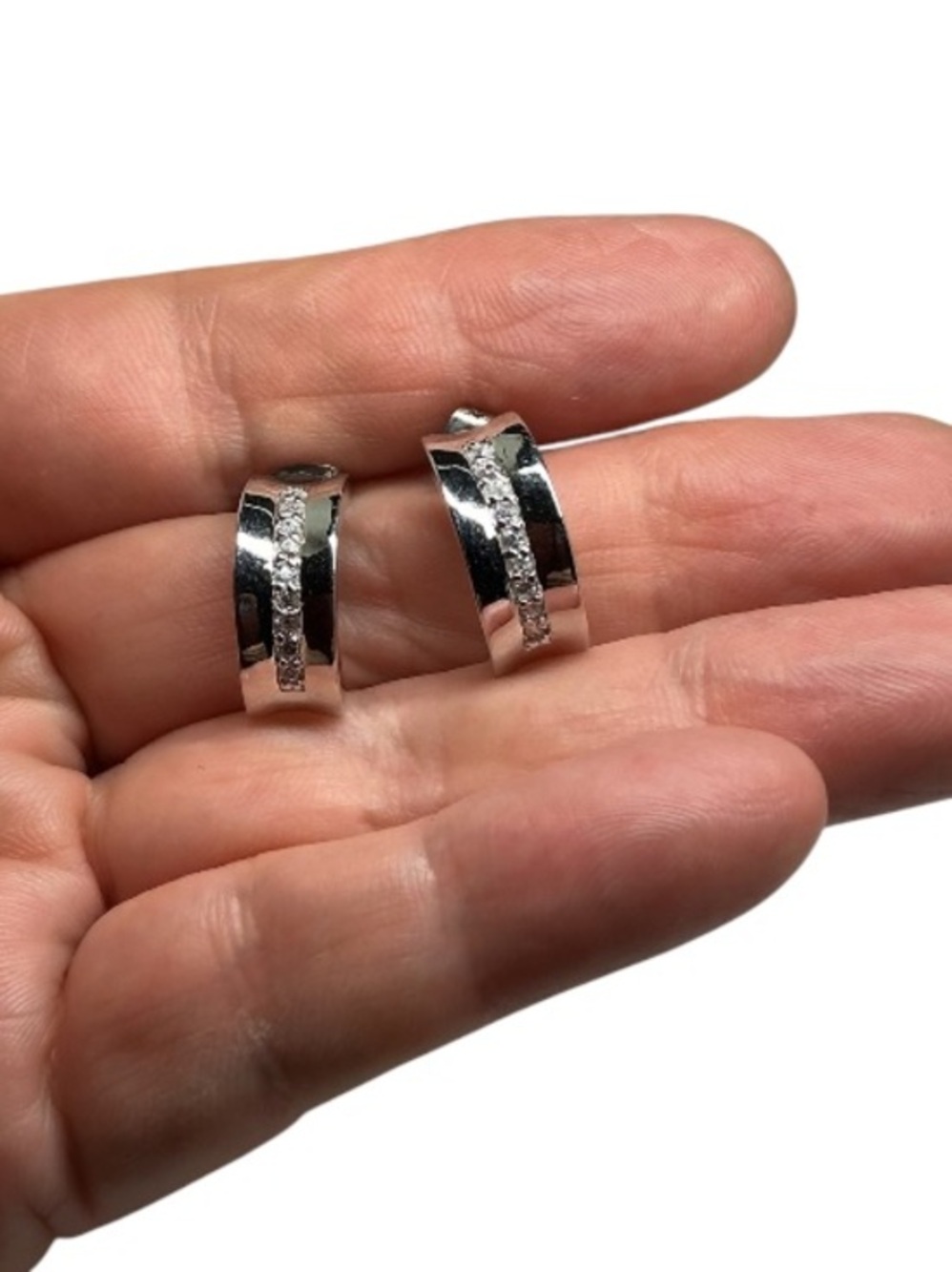 Silver‑Tone Curved Hoop cubic zirconia Earrings